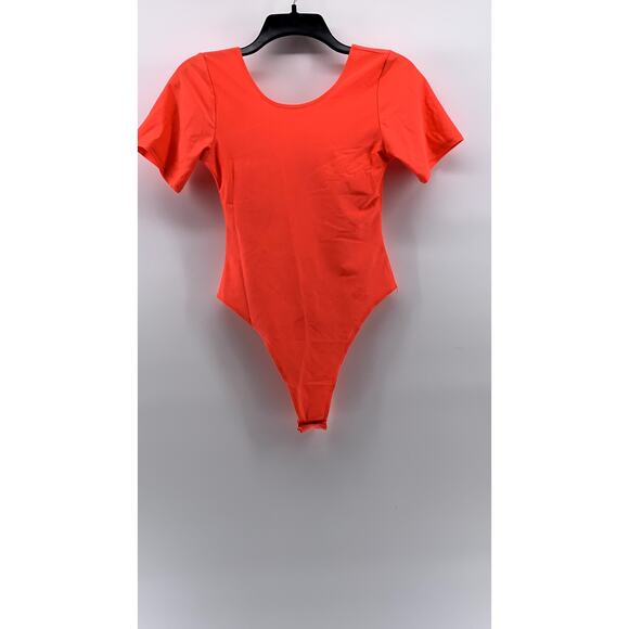 ROMA CONCEPT Women's Neon Orange Crewneck Short Sleeve Cheeky Bodysuit SZ L - Picture 1 of 11
